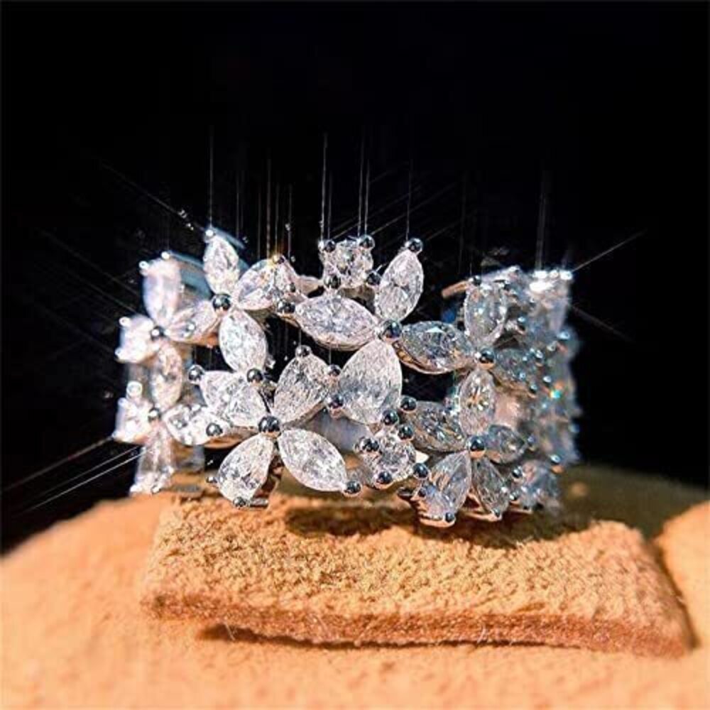 1582 925 Sterling Silver Shiny Full Diamond Ring 18K Gold Flower Cocktail